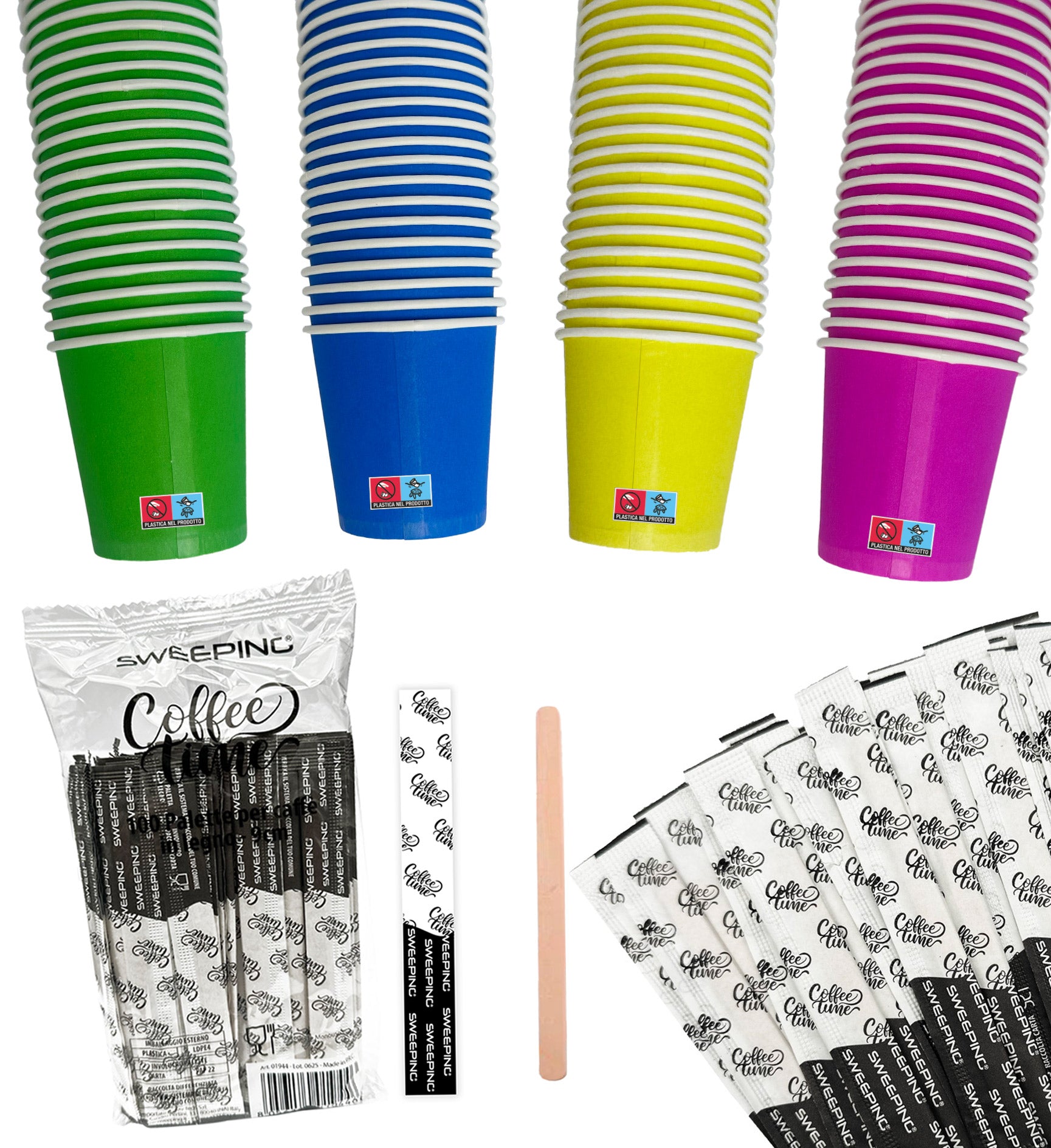 Kit caffe bicchieri e palette 500 Bicchierini Caffè + 500 Palettine monouso , Colori Assortiti