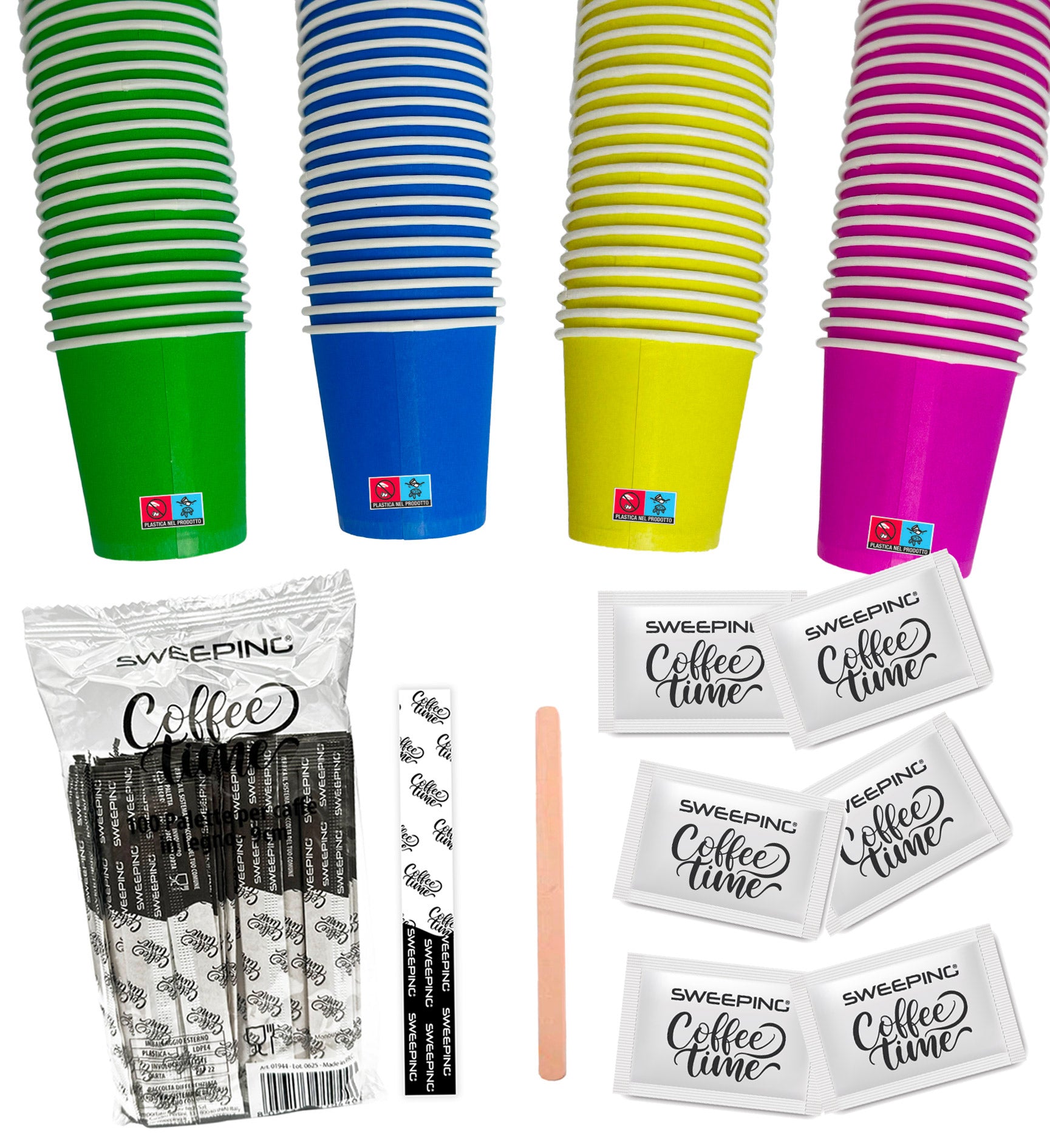 kit bicchieri caffe e palette zucchero monouso : 150 Bicchierini Caffè + 150 Palette + 150 bustine zucchero,Colori Assortiti