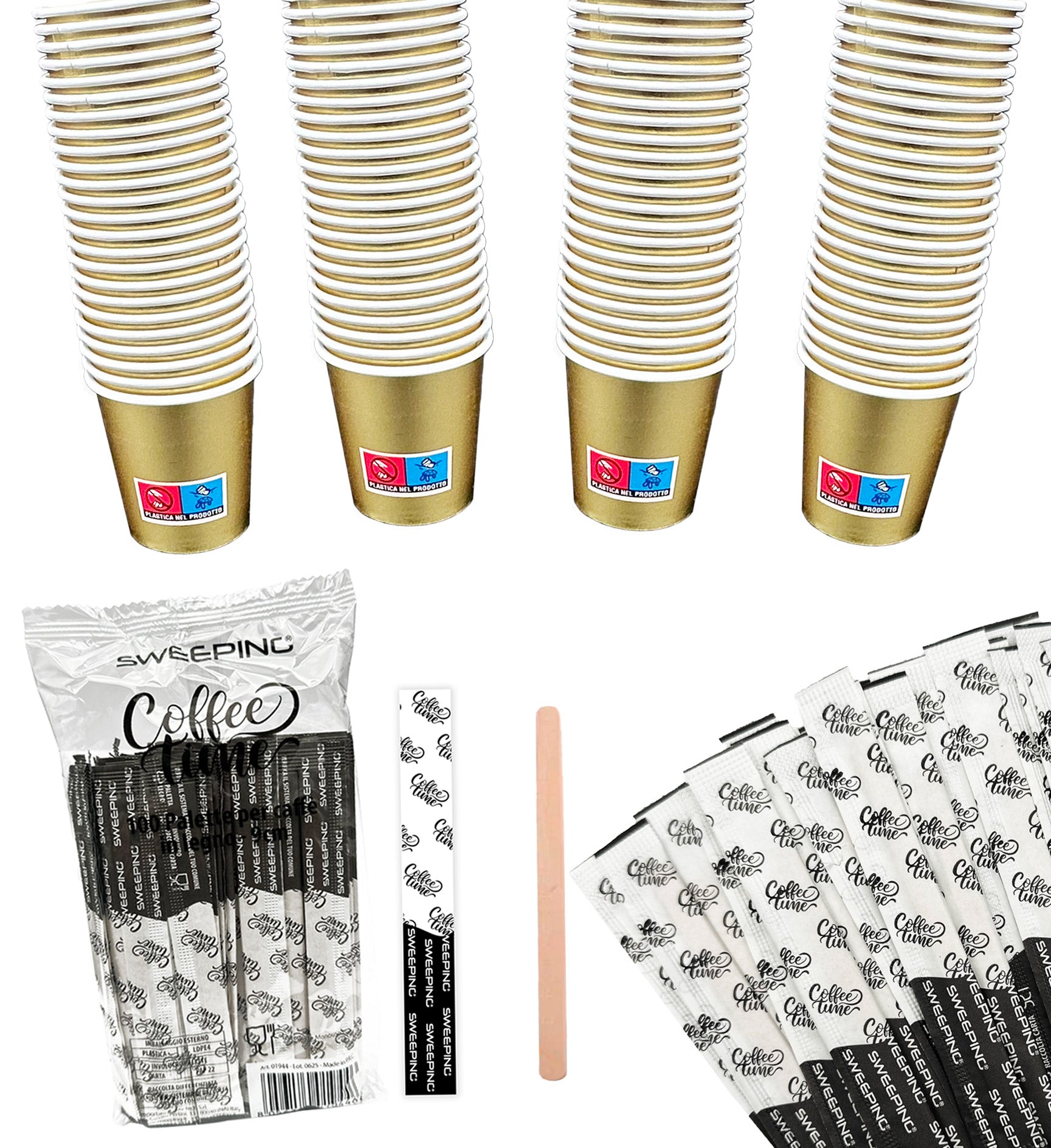 Kit caffe bicchieri e palette 500 Bicchierini Caffè + 500 Palettine monouso , Colore Oro