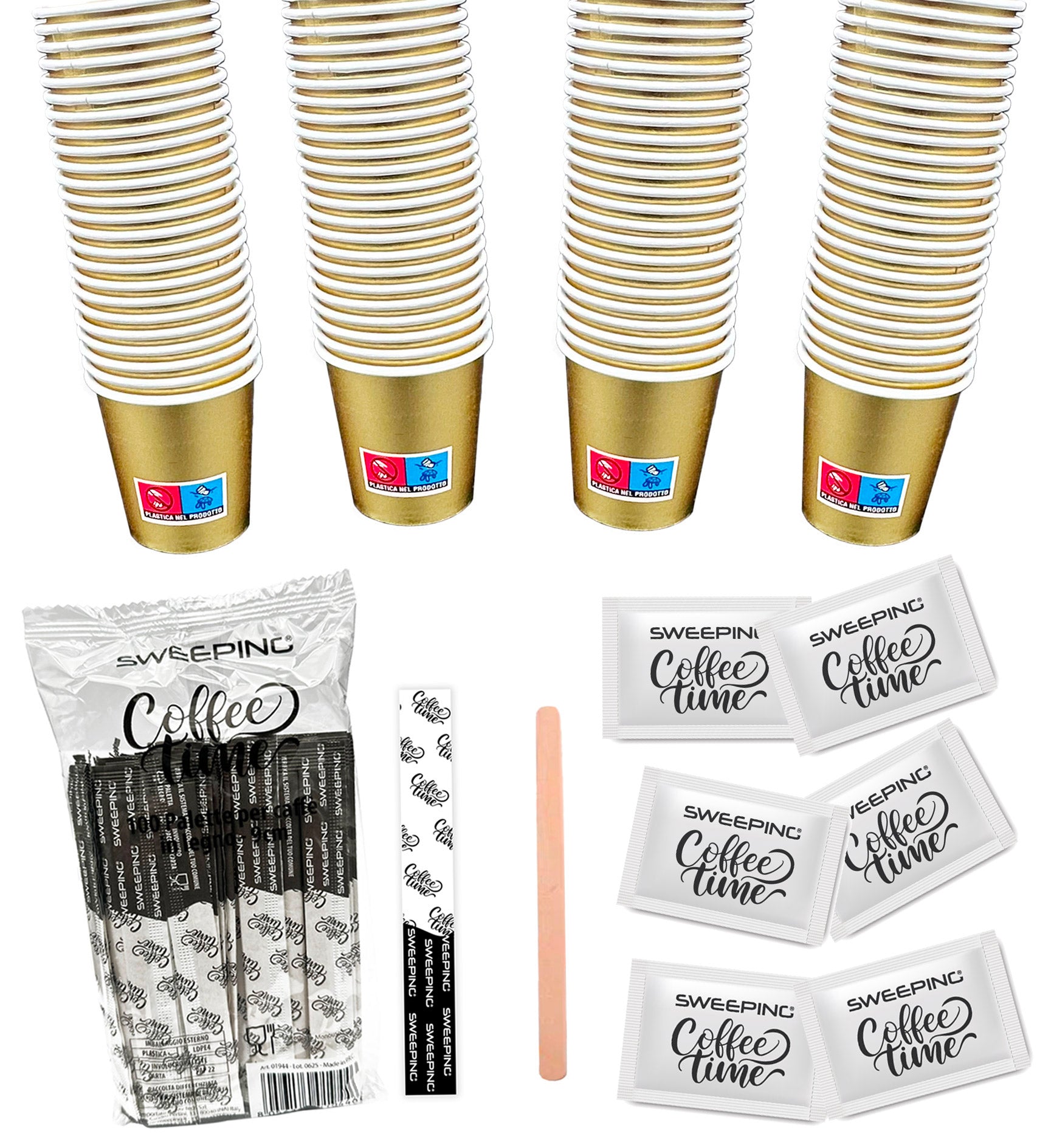 kit bicchieri caffe e palette zucchero monouso : 150 Bicchierini Caffè + 150 Palette + 150 bustine zucchero,Colore Oro