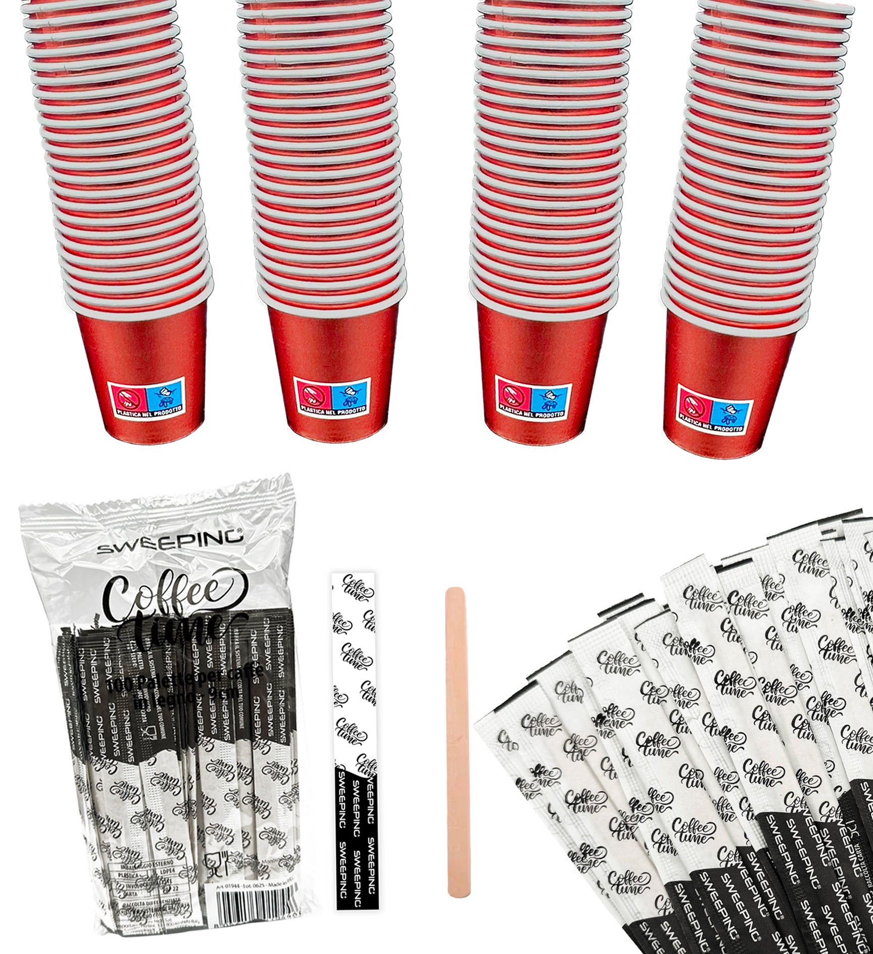 Kit caffe bicchieri e palette 500 Bicchierini Caffè + 500 Palettine monouso , Colore Rosso