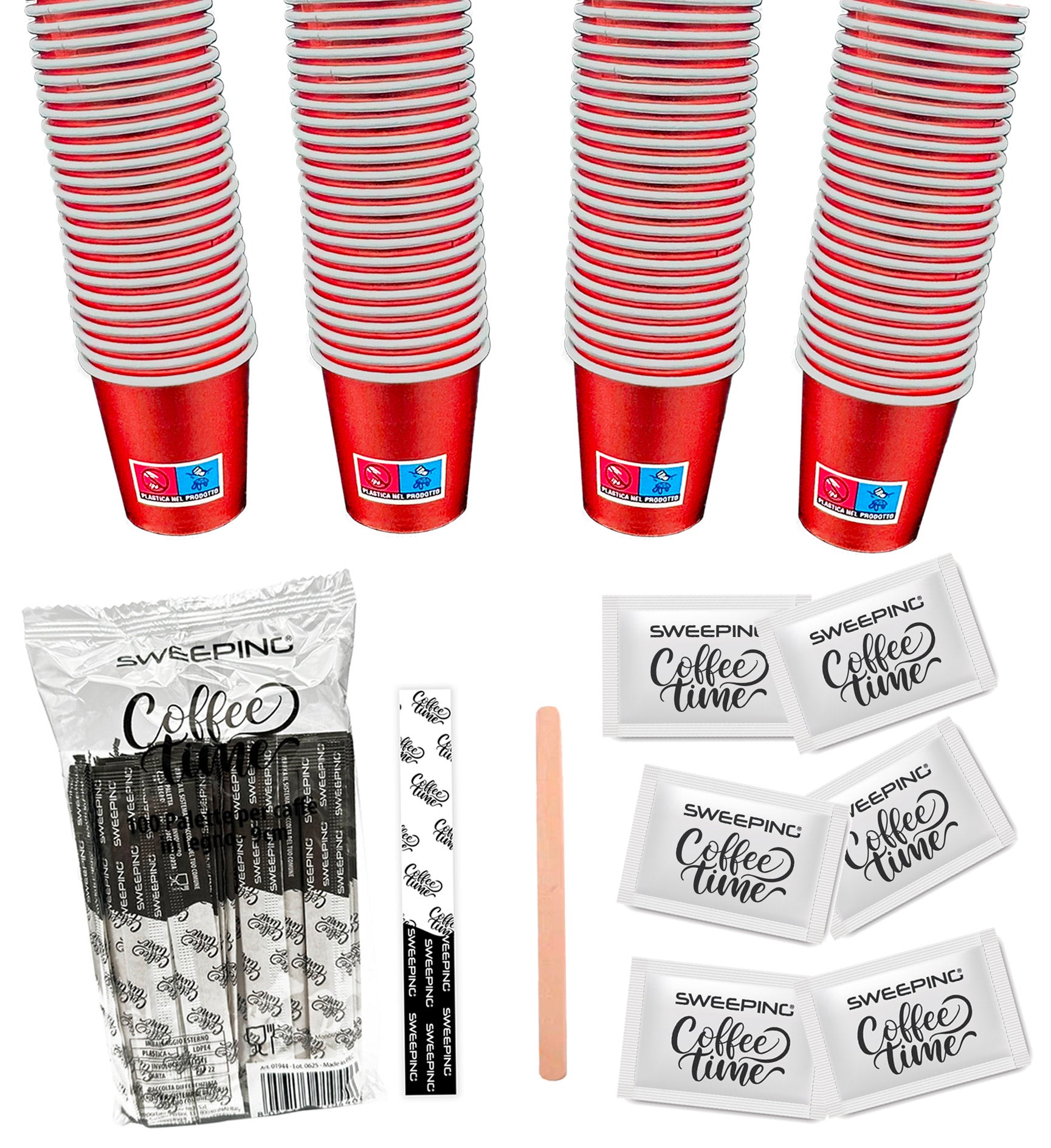 kit bicchieri caffe e palette zucchero monouso : 150 Bicchierini Caffè + 150 Palette + 150 bustine zucchero,Colore Rosso