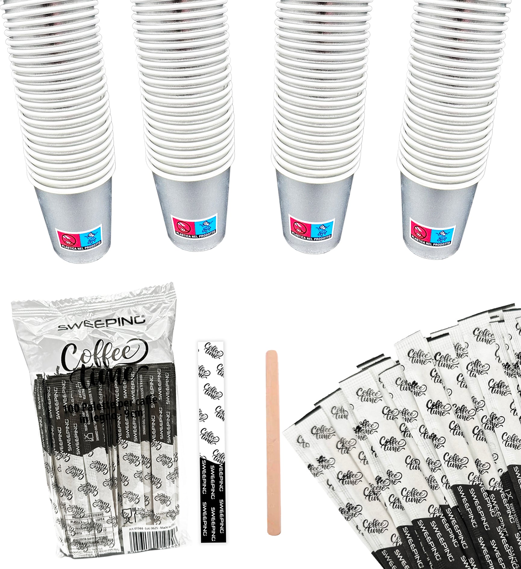 Kit caffe bicchieri e palette 500 Bicchierini Caffè + 500 Palettine monouso , Colore Argento