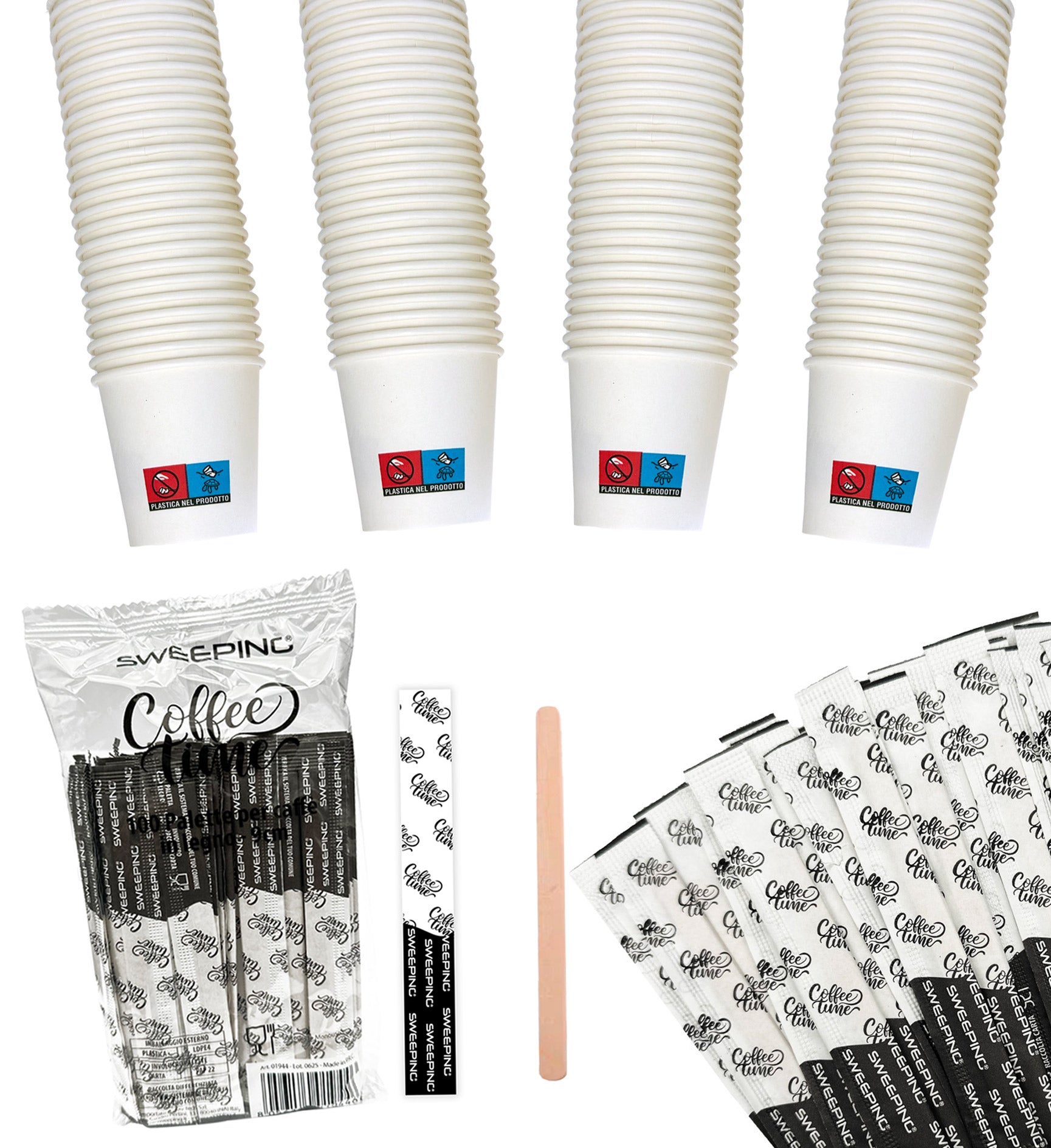 Kit caffe bicchieri e palette 500 Bicchierini Caffè + 500 Palettine monouso , Colore Bianco